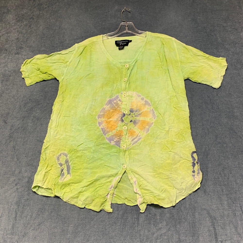 Caribbean Pacific Tunic Top Womens S/M Green Tie Dye Short Sleeve Button Front